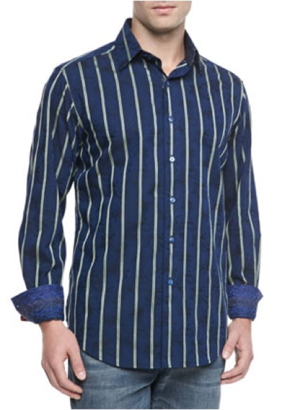 Robert Graham Mantis Striped Navy Classic Fit Button Down Shirt Mens M